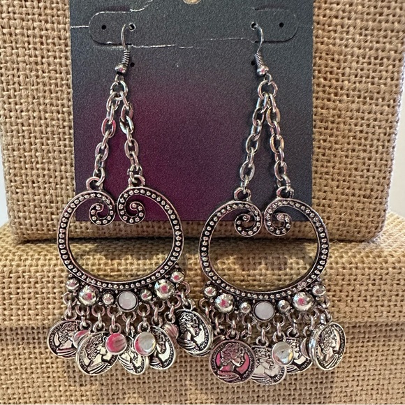 NWT Fashion Accents Earrings silver tone fish hook dangle big circle w/ coins - Picture 6 of 8